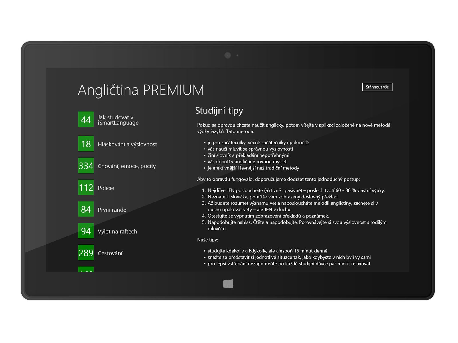 Angličtina PREMIUM na Windows - seznam lekcí