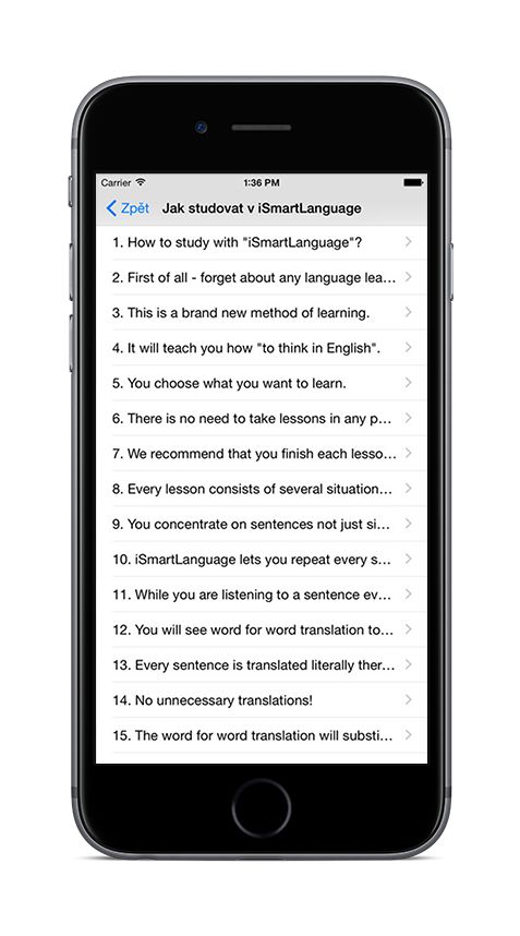 Klasická angličtina na iPhone 6 - seznam vět